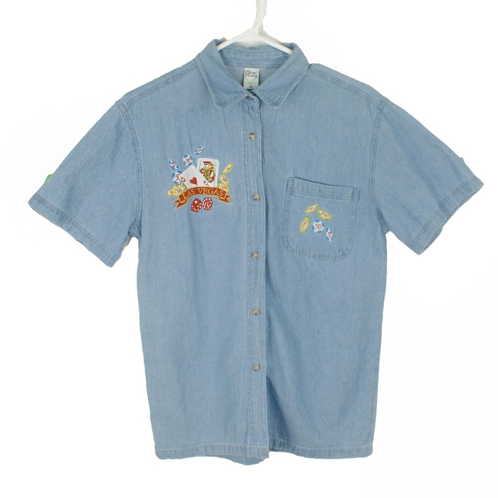 Vintage Las Vegas Embroidered Short Sleeve Chambray Denim Blouse Top